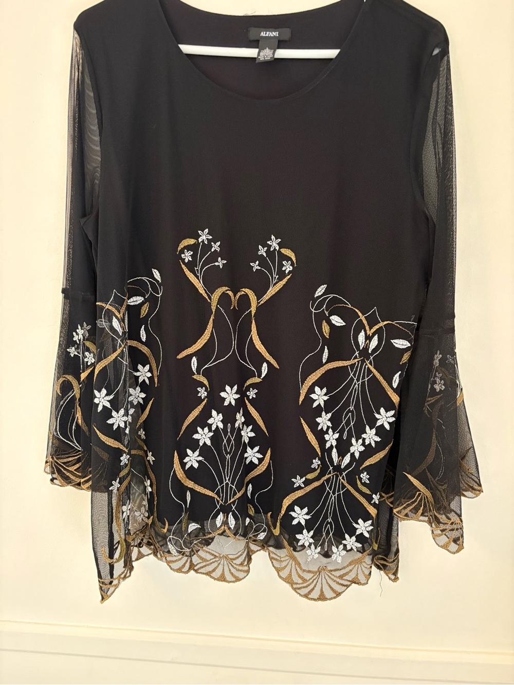 Alfani Sheer Embroidered Top Blouse Black Floral Long Sleeve Sz L
